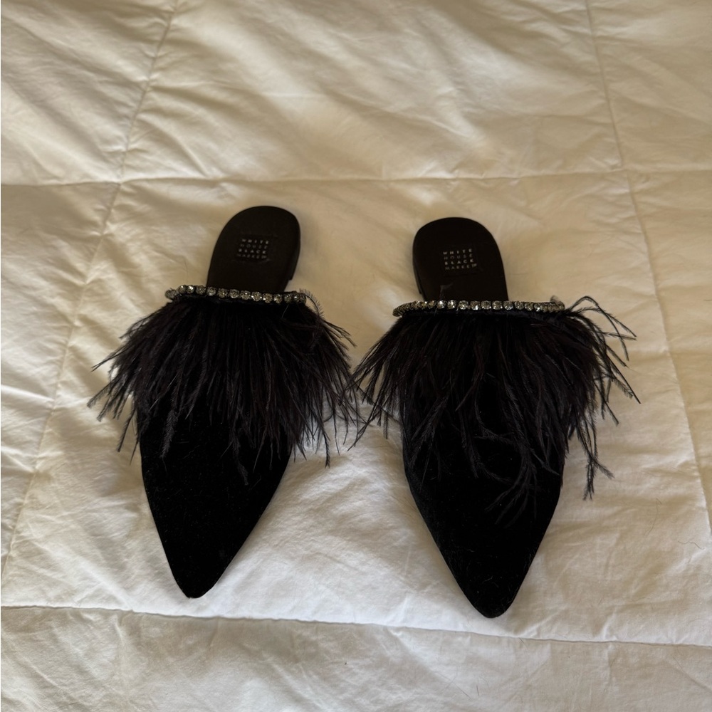 White House Black Market Black Feathered Mules